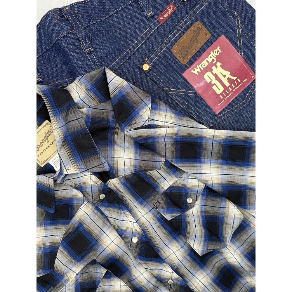 SET Wrangler 31 Sz 34x34 Relaxed Fit Rigid Jeans‎ NWT & Plaid Pearl Snap Sz XL